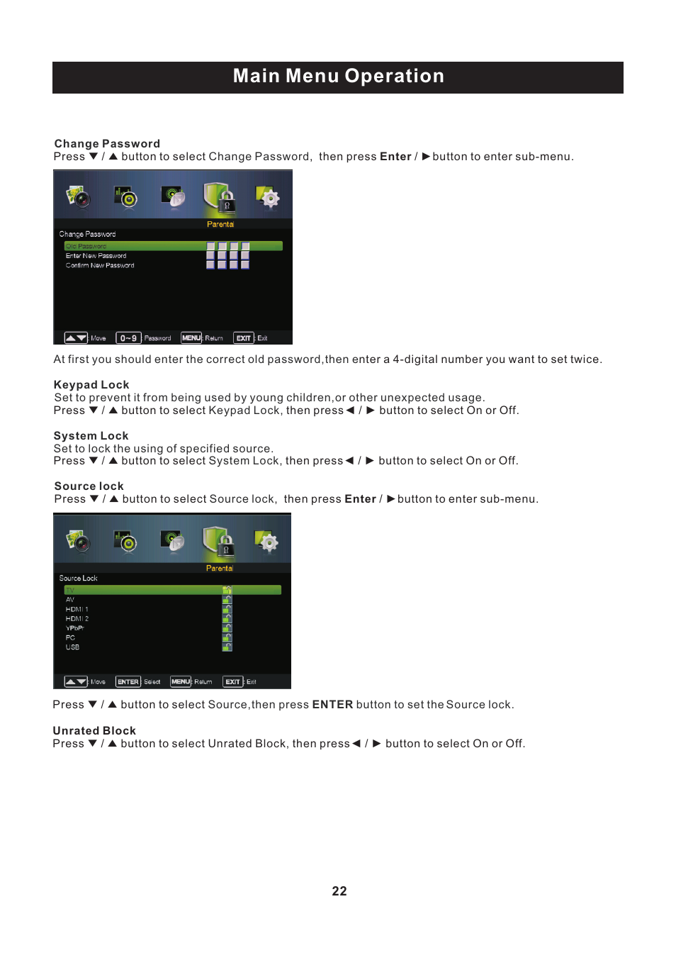 页 23, Main menu operation | Curtis PLEDV2488A User Manual | Page 23 / 34