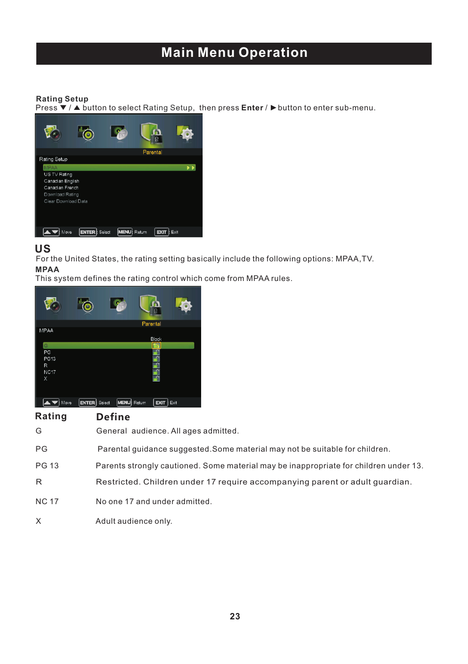 页 24, Main menu operation | Curtis PLEDV2488A User Manual | Page 24 / 34