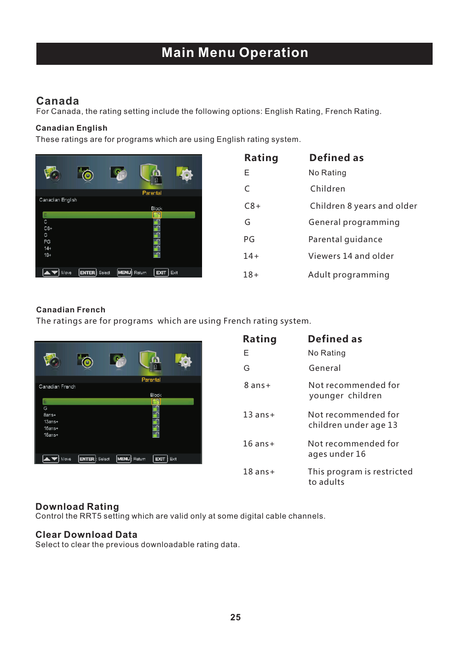 页 26, Main menu operation, Canada | Curtis PLEDV2488A User Manual | Page 26 / 34