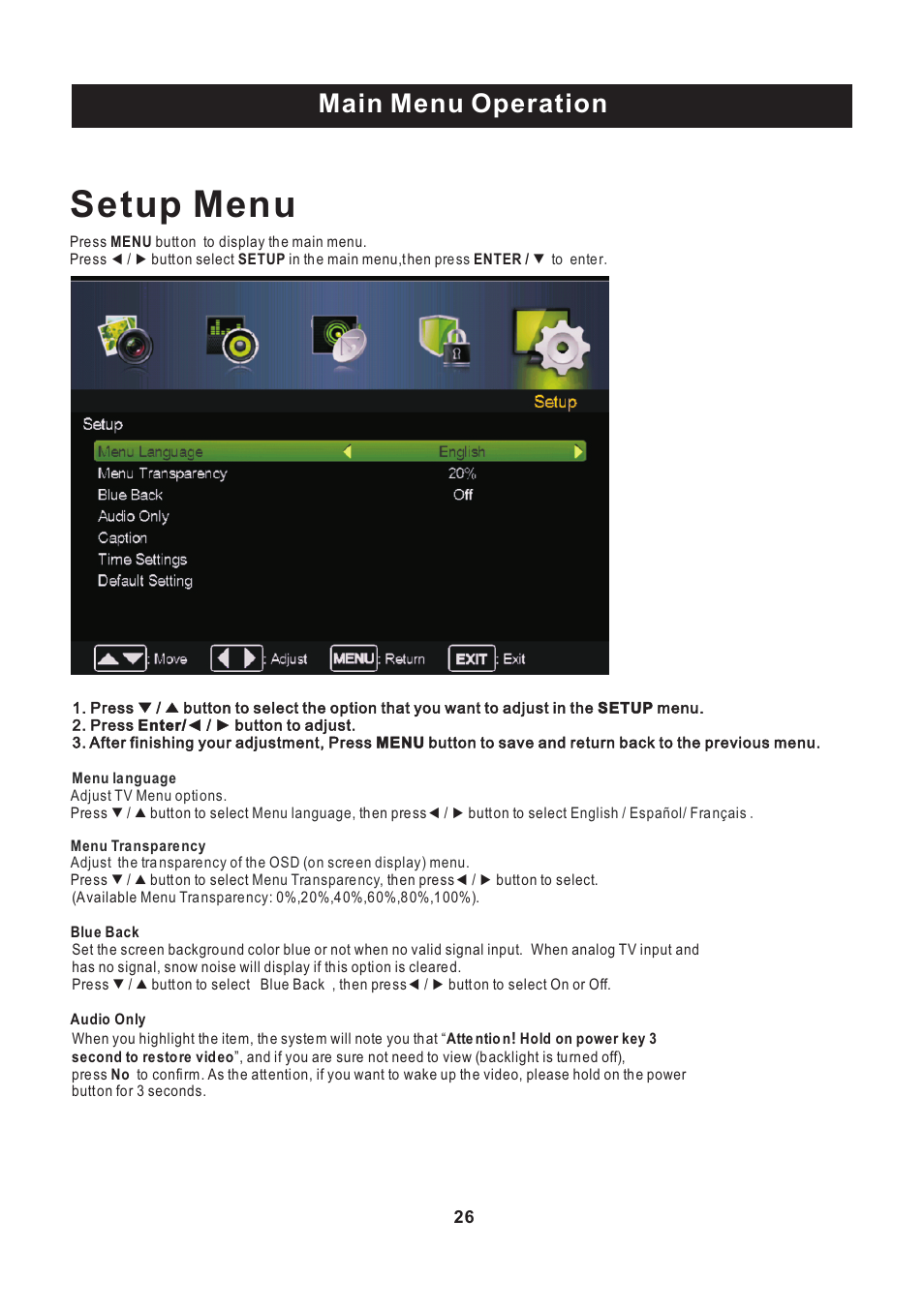 页 27, Setup menu, Main menu operation | Curtis PLEDV2488A User Manual | Page 27 / 34