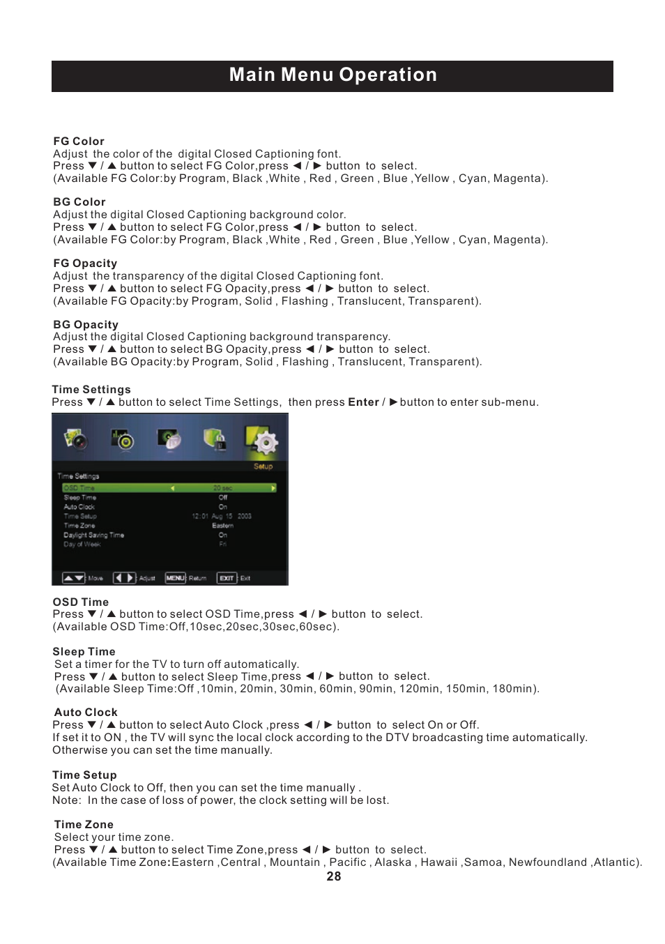 页 29, Main menu operation | Curtis PLEDV2488A User Manual | Page 29 / 34