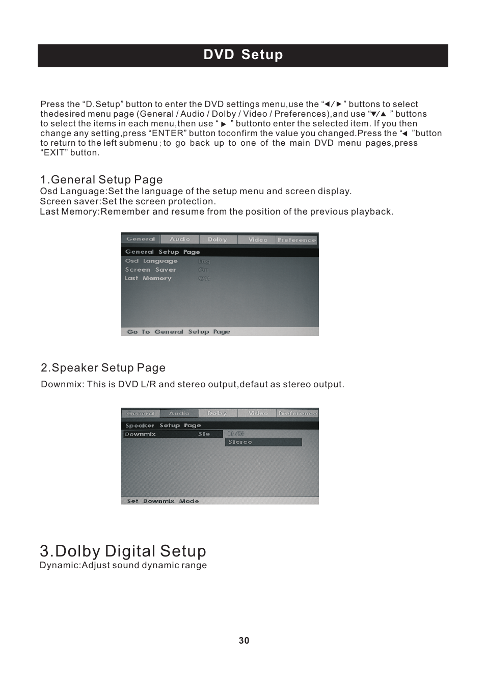 页 31, Dolby digital setup, Dvd setup | Curtis PLEDV2488A User Manual | Page 31 / 34