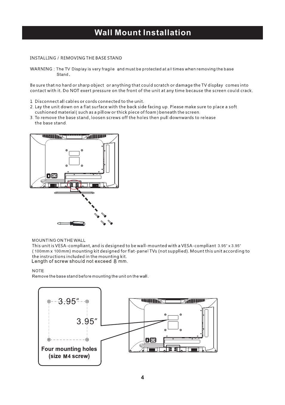 Wall mount installation | Curtis PLEDV2488A User Manual | Page 5 / 34