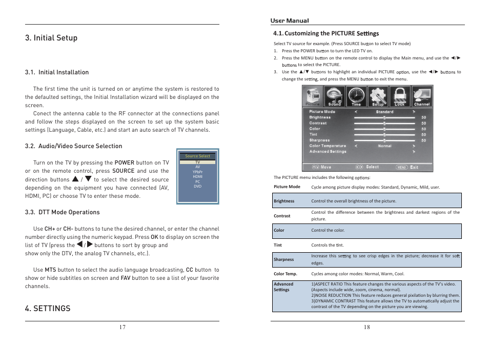 Initial setup, Settings | Curtis PLEDV2488A-D User Manual | Page 10 / 22