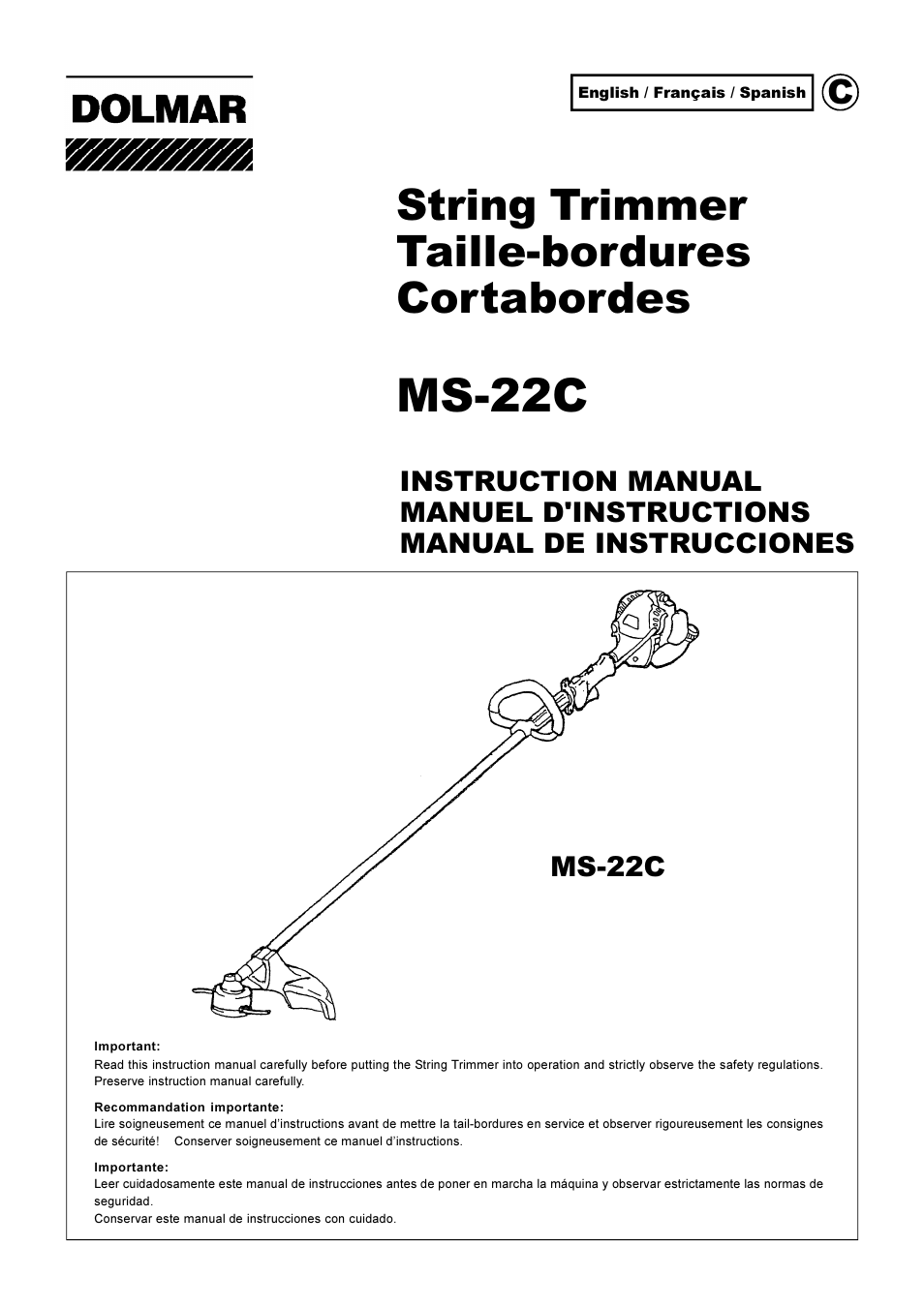 Dolmar String Trimmer Taille-Bordures Cortabordes MS-22C User Manual | 54 pages