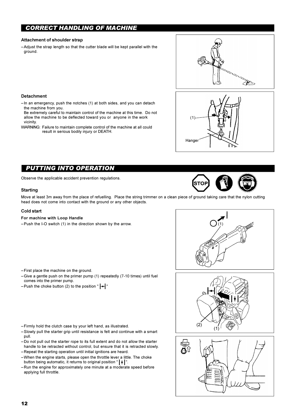 Correct handling of machine, Putting into operation | Dolmar String Trimmer Taille-Bordures Cortabordes MS-22C User Manual | Page 12 / 54