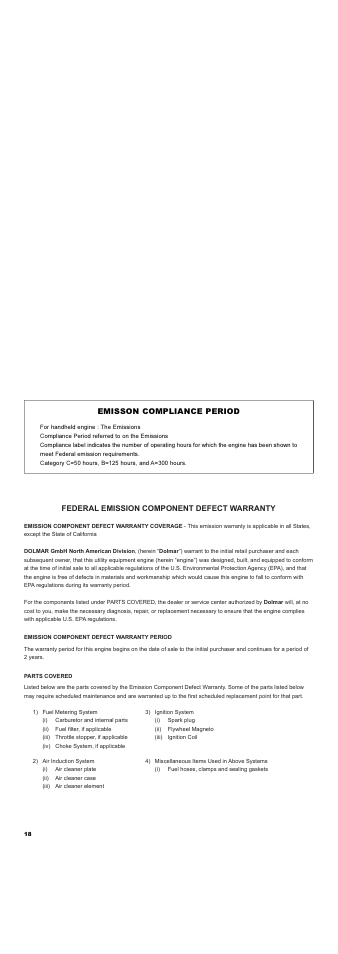 Emisson compliance period, Federal emission component defect warranty | Dolmar String Trimmer Taille-Bordures Cortabordes MS-22C User Manual | Page 18 / 54