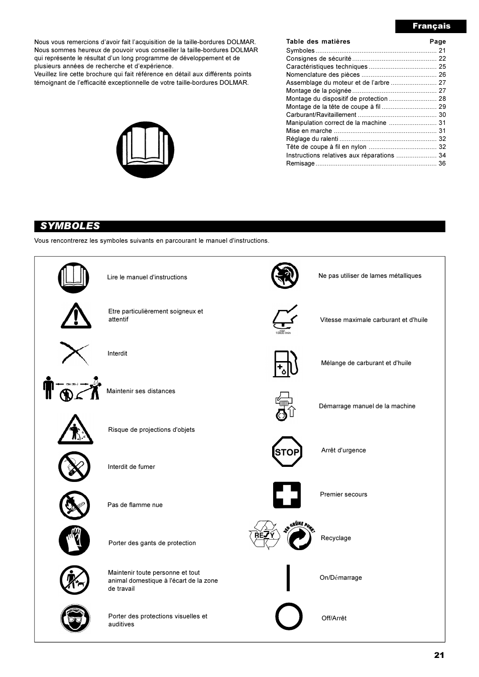 Symboles | Dolmar String Trimmer Taille-Bordures Cortabordes MS-22C User Manual | Page 21 / 54