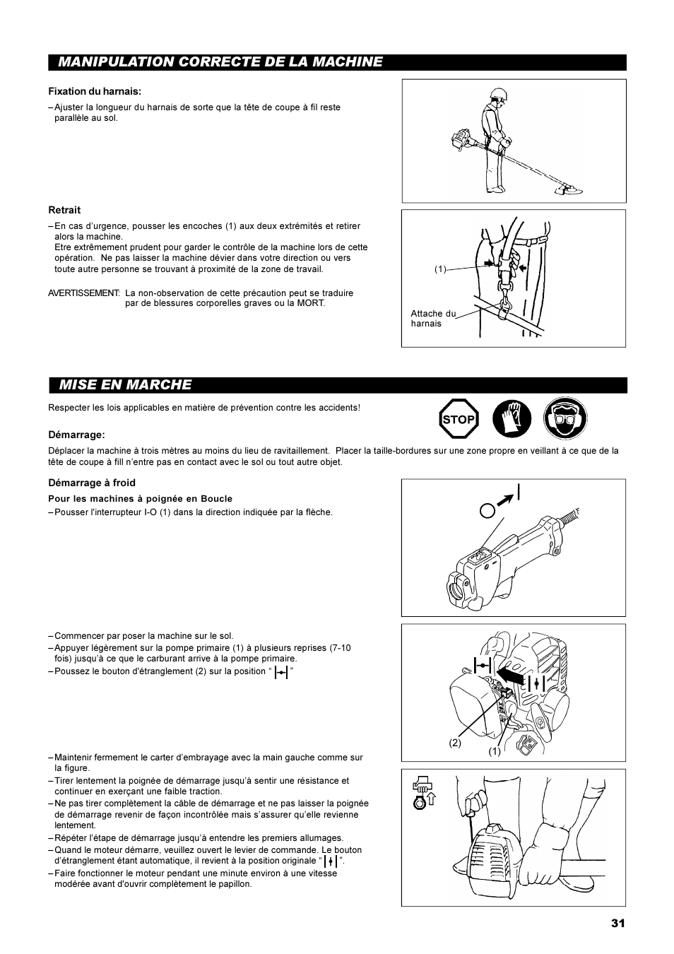 Mise en marche, Manipulation correcte de la machine | Dolmar String Trimmer Taille-Bordures Cortabordes MS-22C User Manual | Page 31 / 54