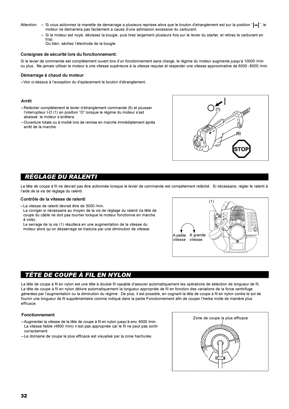 Réglage du ralenti, Tête de coupe à fil en nylon | Dolmar String Trimmer Taille-Bordures Cortabordes MS-22C User Manual | Page 32 / 54