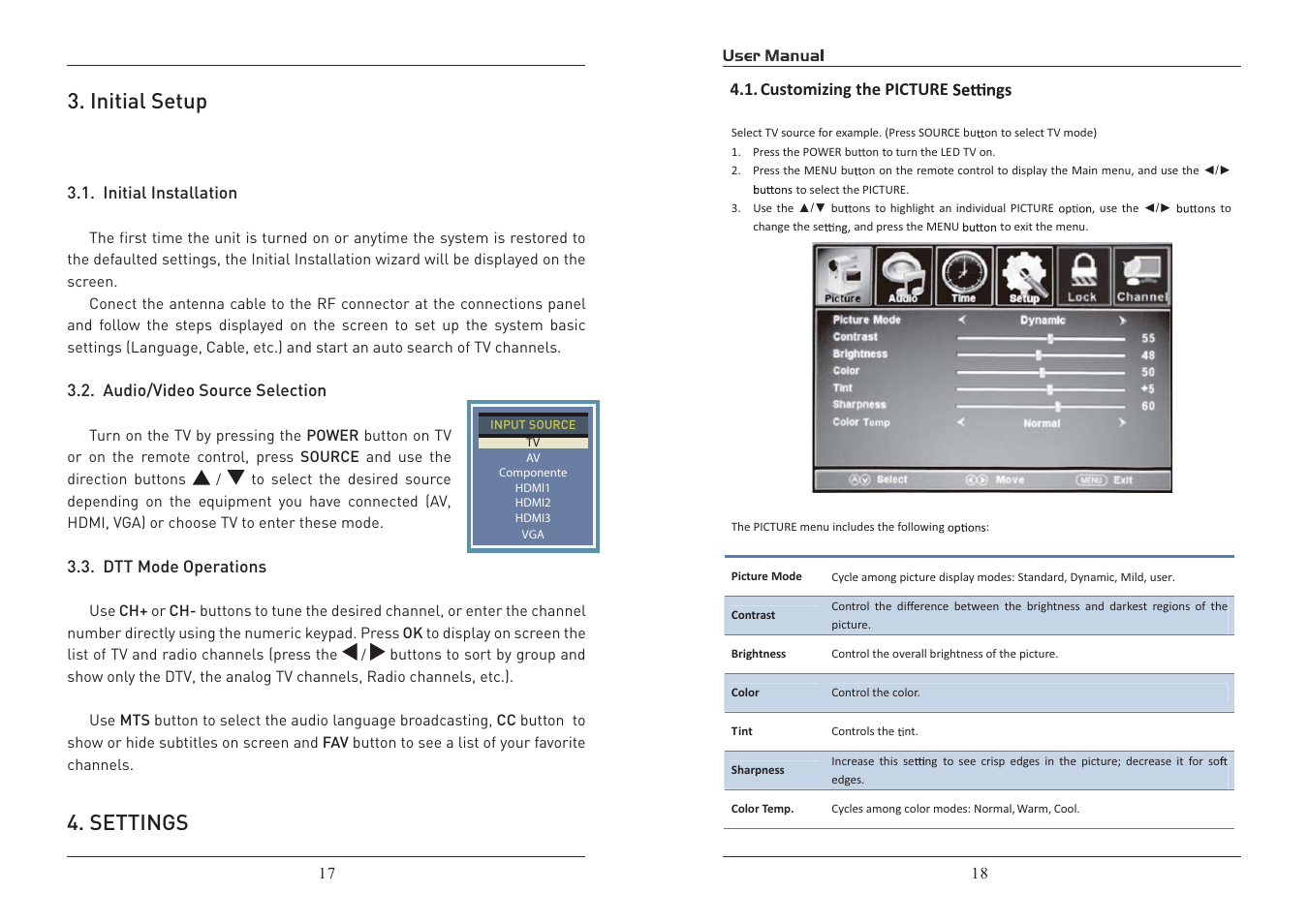 Initial setup, Settings | Curtis RLDED3950A-C User Manual | Page 10 / 18