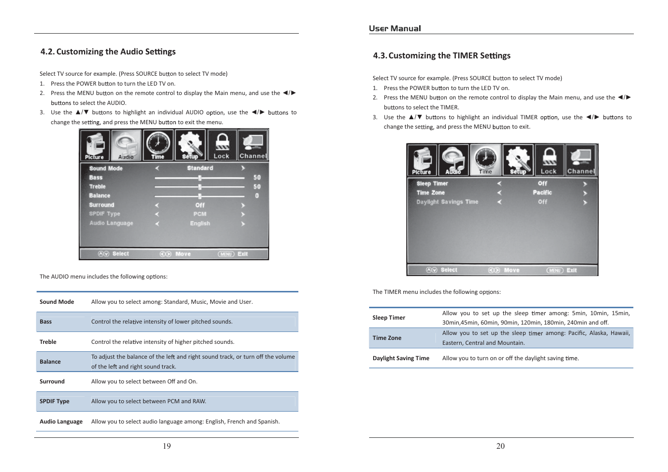 Customizing the audio customizing the timer se ngs | Curtis RLDED3950A-C User Manual | Page 11 / 18