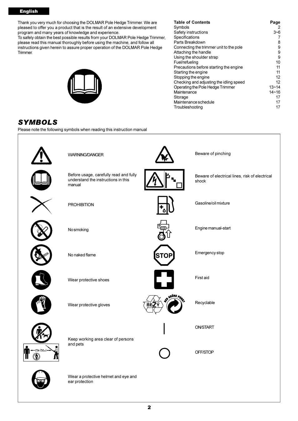 Symbols | Dolmar POLE HEDGE MH-2556 User Manual | Page 2 / 54