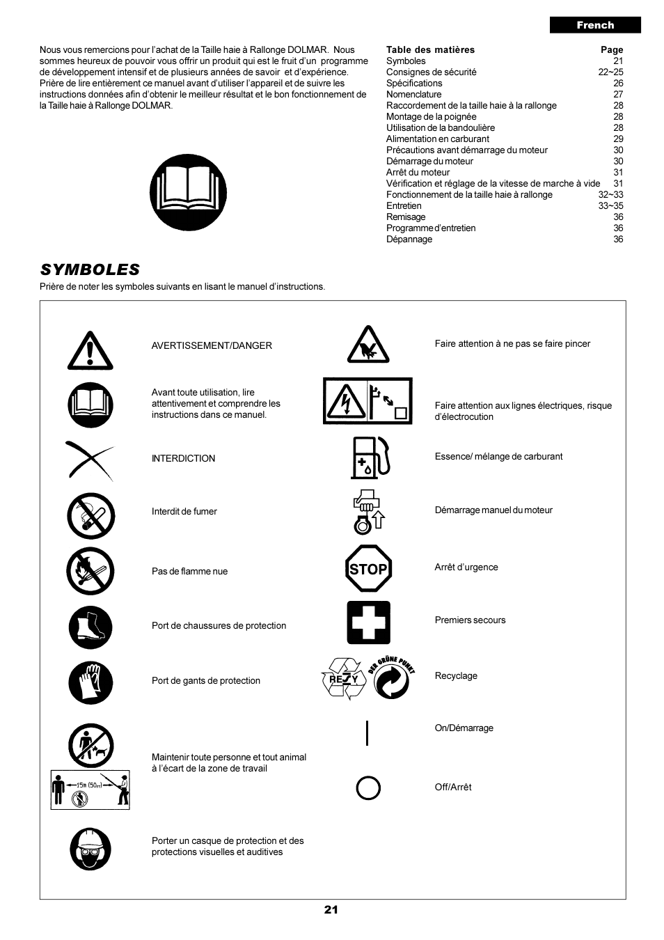 Symboles | Dolmar POLE HEDGE MH-2556 User Manual | Page 21 / 54