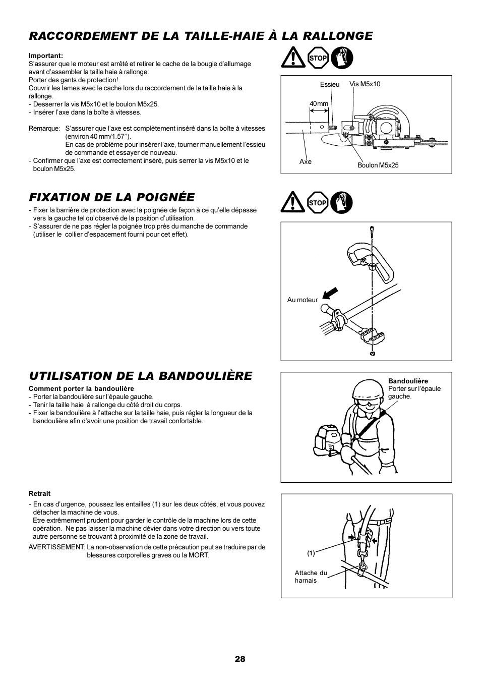 Fixation de la poignée, Utilisation de la bandoulière, Raccordement de la taille-haie à la rallonge | Dolmar POLE HEDGE MH-2556 User Manual | Page 28 / 54
