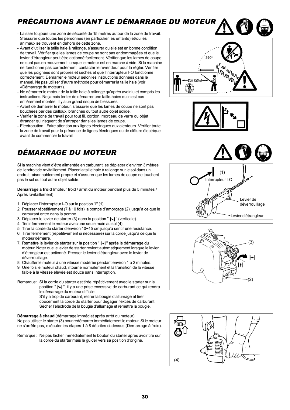 Démarrage du moteur, Précautions avant le démarrage du moteur | Dolmar POLE HEDGE MH-2556 User Manual | Page 30 / 54