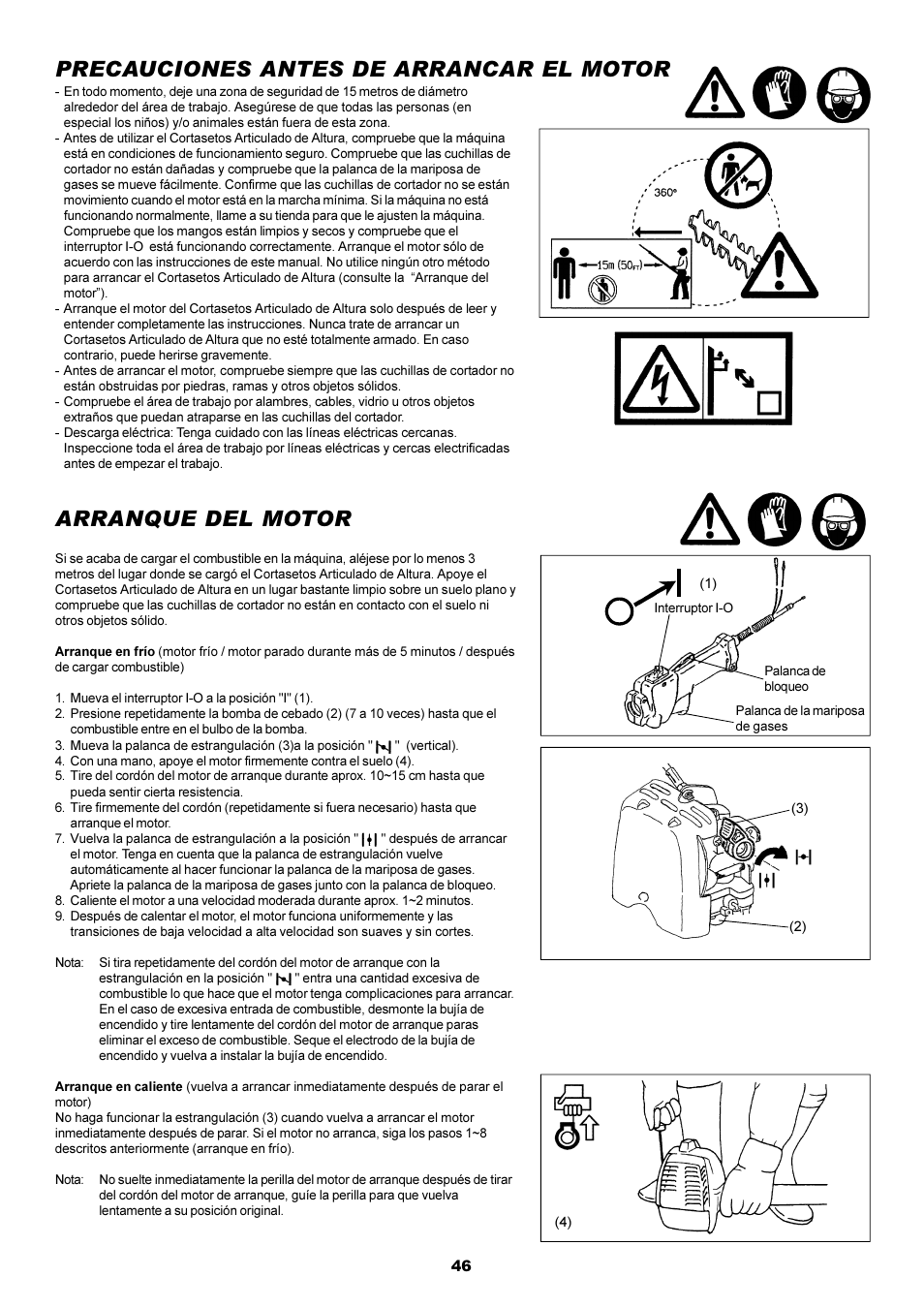 Arranque del motor, Precauciones antes de arrancar el motor | Dolmar POLE HEDGE MH-2556 User Manual | Page 46 / 54