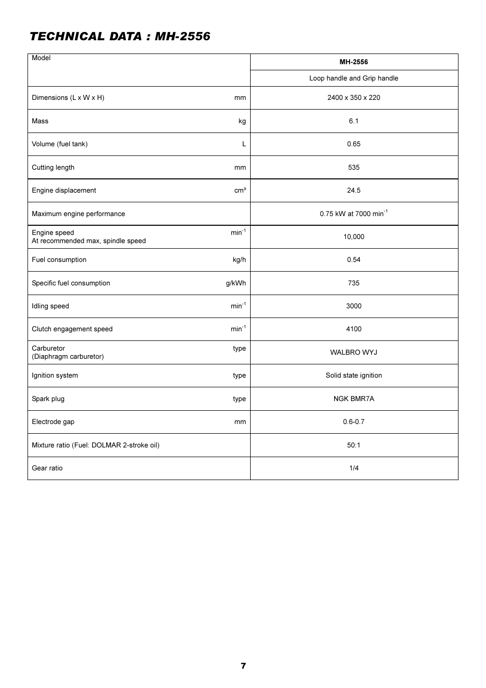 Technical data : mh-2556 | Dolmar POLE HEDGE MH-2556 User Manual | Page 7 / 54