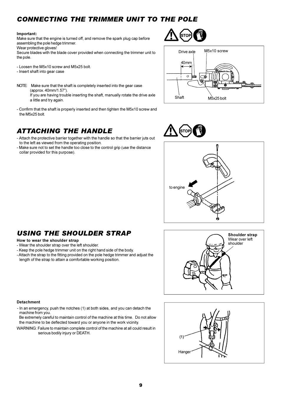 Attaching the handle, Using the shoulder strap, Connecting the trimmer unit to the pole | Dolmar POLE HEDGE MH-2556 User Manual | Page 9 / 54
