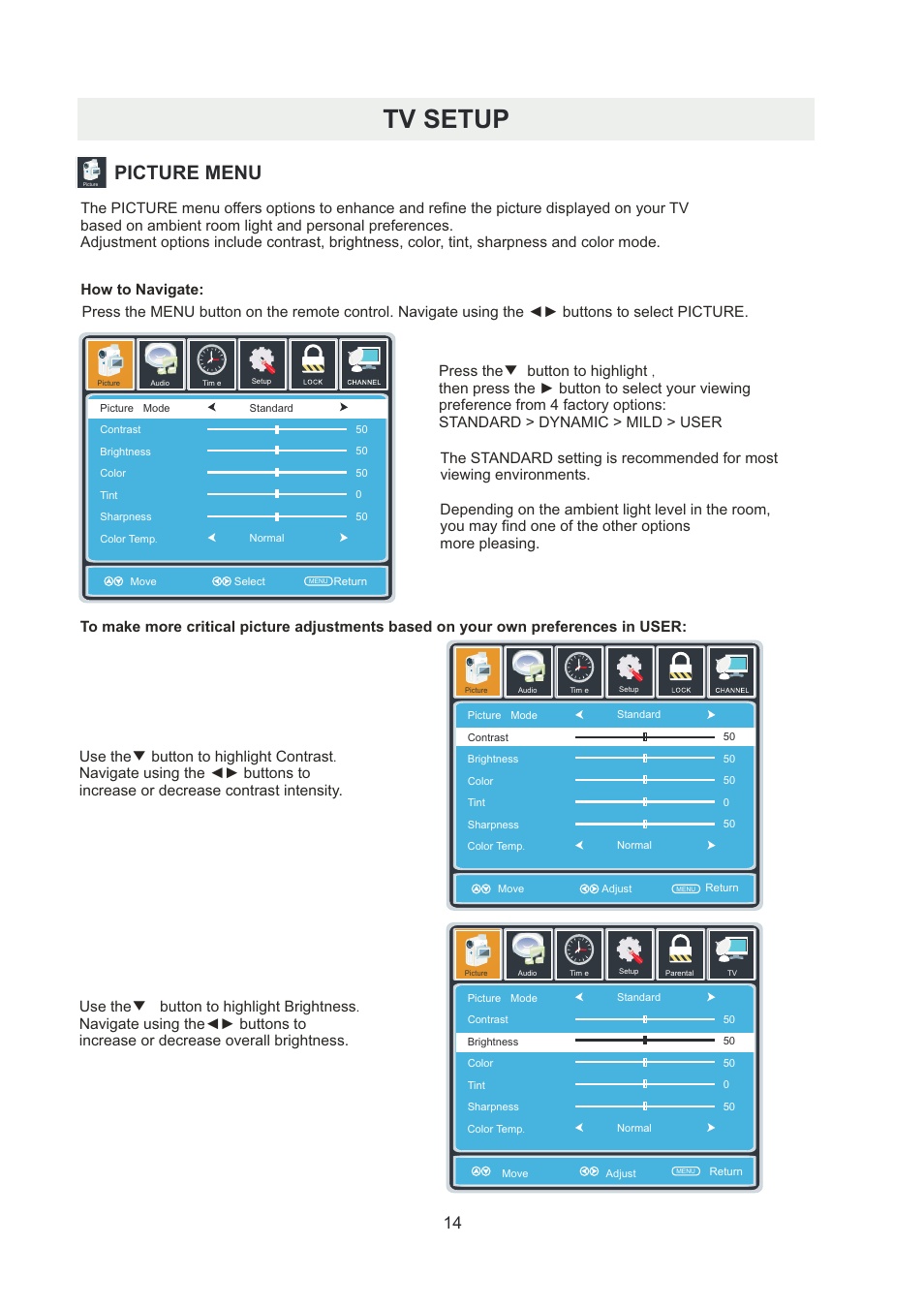 页 17, Tv setup, Picture menu | Curtis RLDED5078A-B User Manual | Page 17 / 33