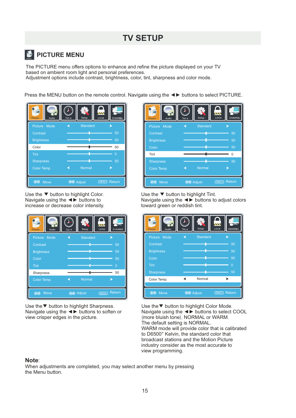 页 18, Tv setup, Picture menu | Curtis RLDED5078A-B User Manual | Page 18 / 33