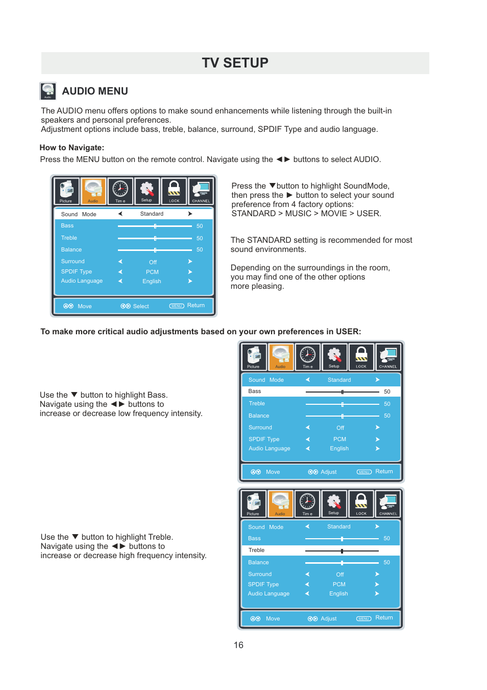 页 19, Tv setup, Audio menu | Curtis RLDED5078A-B User Manual | Page 19 / 33