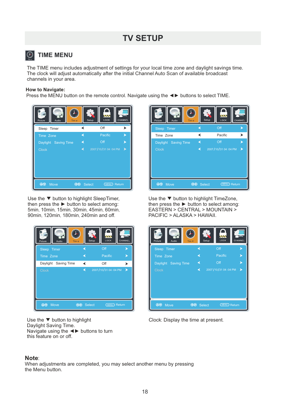 页 21, Tv setup, Time menu | Curtis RLDED5078A-B User Manual | Page 21 / 33
