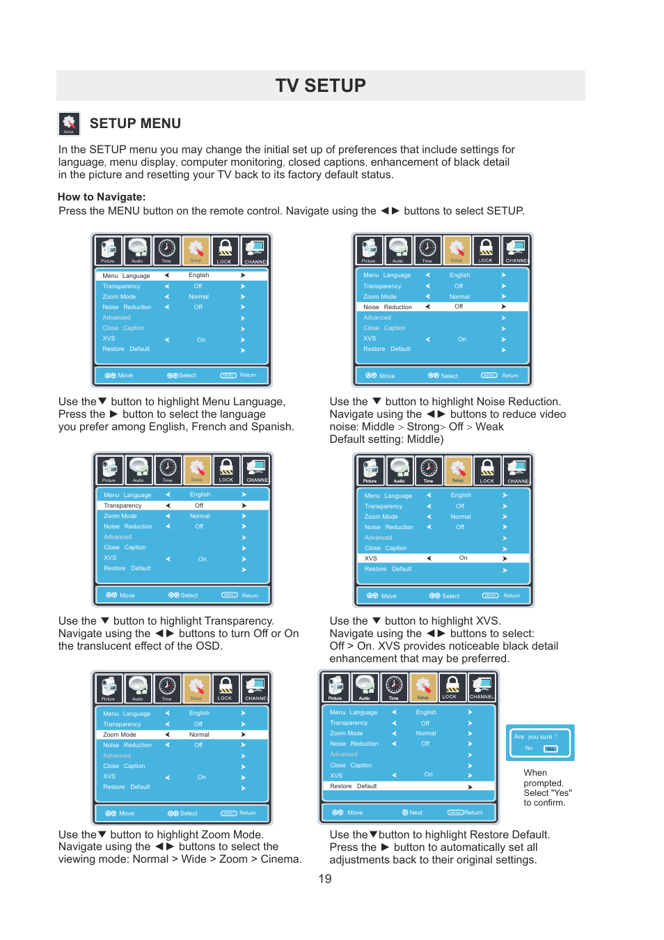 页 22, Tv setup, Setup menu | Use the button to highlight zoom mode, When prompted, select "yes" to confirm | Curtis RLDED5078A-B User Manual | Page 22 / 33