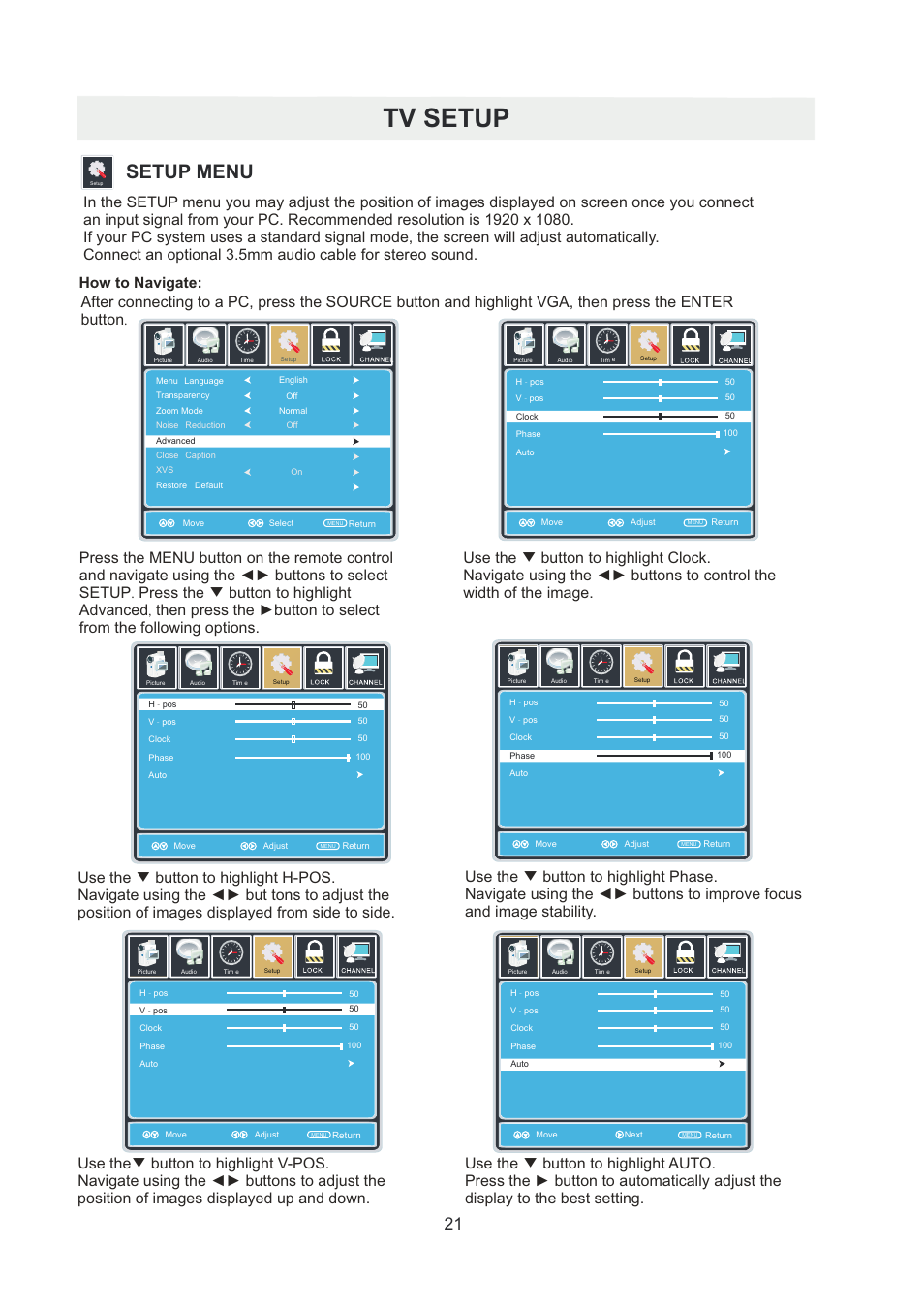 页 24, Tv setup, Setup menu | How to navigate | Curtis RLDED5078A-B User Manual | Page 24 / 33