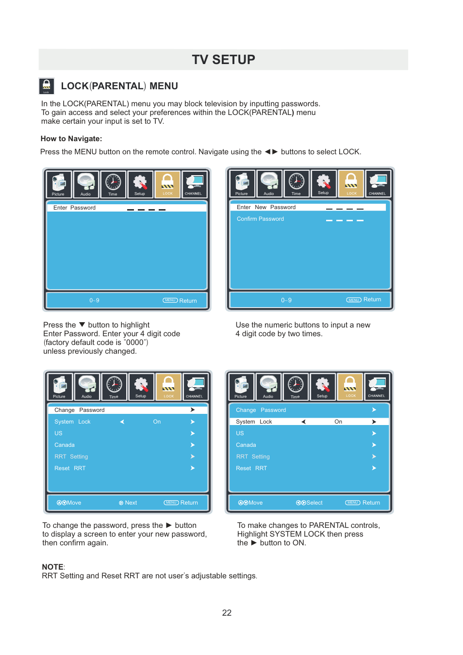 页 25, Tv setup, Lock ( parental ) menu | Curtis RLDED5078A-B User Manual | Page 25 / 33