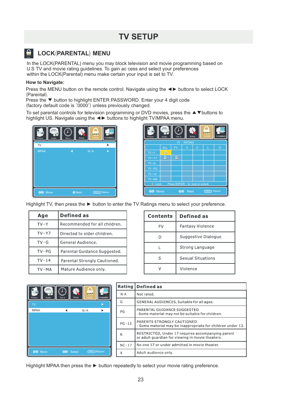 页 26, Tv setup, Lock ( parental ) menu | How to navigate | Curtis RLDED5078A-B User Manual | Page 26 / 33