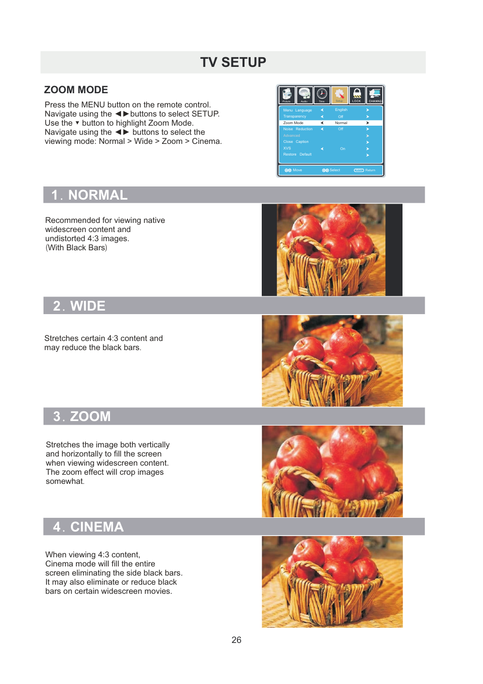 页 29, Tv setup, 1 normal . 2 wide . 3 zoom . 4 cinema | Zoom mode | Curtis RLDED5078A-B User Manual | Page 29 / 33