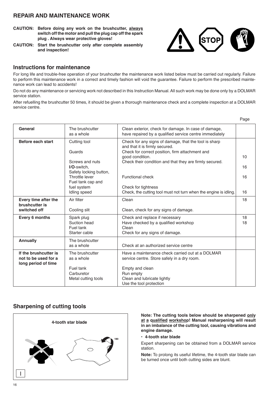 Repair and maintenance work, Instructions for maintenance, Sharpening of cutting tools i | Dolmar MS-260 U User Manual | Page 16 / 24