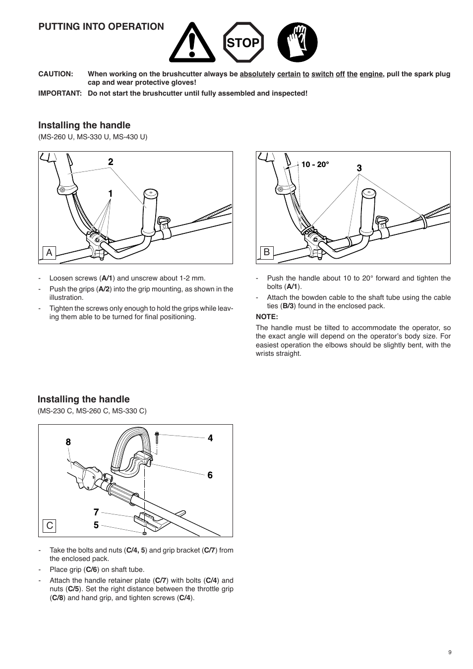 Stop, Putting into operation, Binstalling the handle | Cinstalling the handle | Dolmar MS-260 U User Manual | Page 9 / 24
