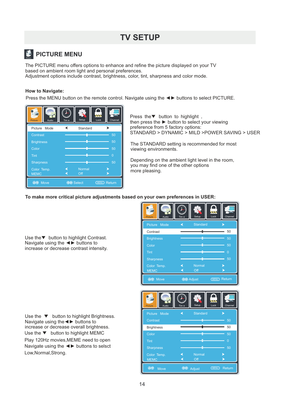 Tv setup, Picture menu | Curtis RLDED5099-UHD User Manual | Page 17 / 33