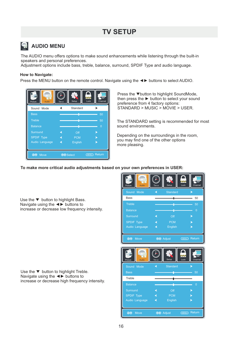 Tv setup, Audio menu | Curtis RLDED5099-UHD User Manual | Page 19 / 33