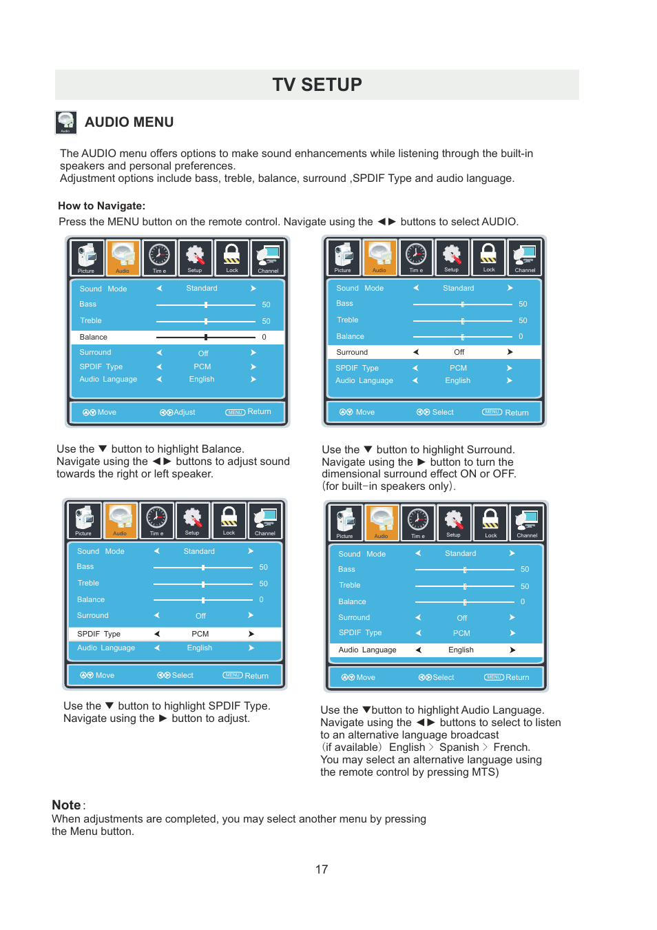 Tv setup, Audio menu | Curtis RLDED5099-UHD User Manual | Page 20 / 33