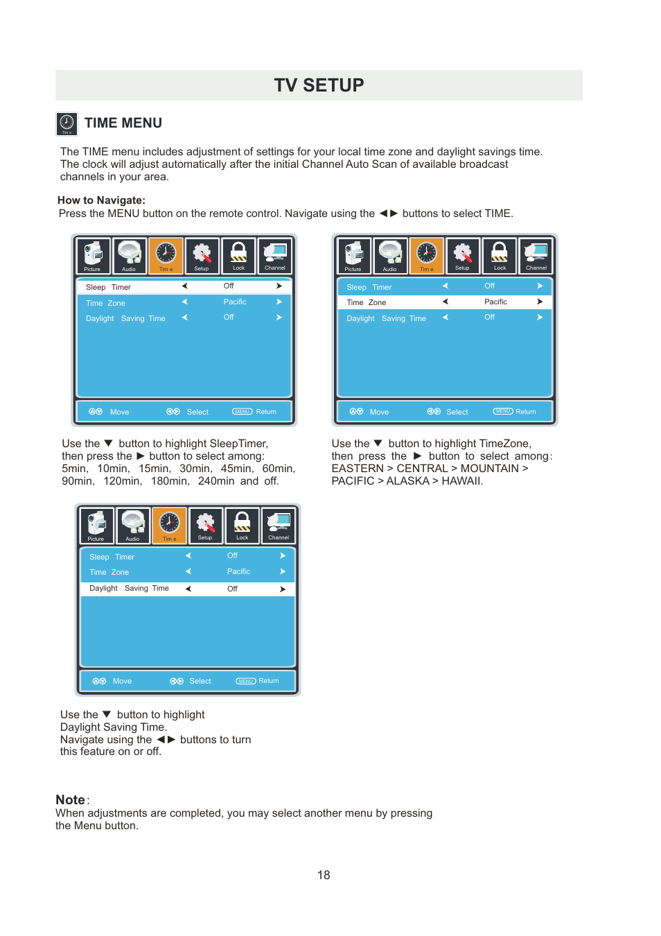 Tv setup, Time menu | Curtis RLDED5099-UHD User Manual | Page 21 / 33
