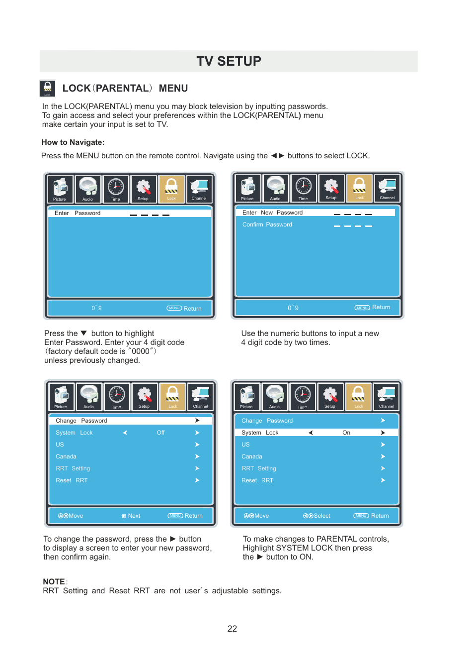 Tv setup, Lock ( parental ) menu | Curtis RLDED5099-UHD User Manual | Page 25 / 33