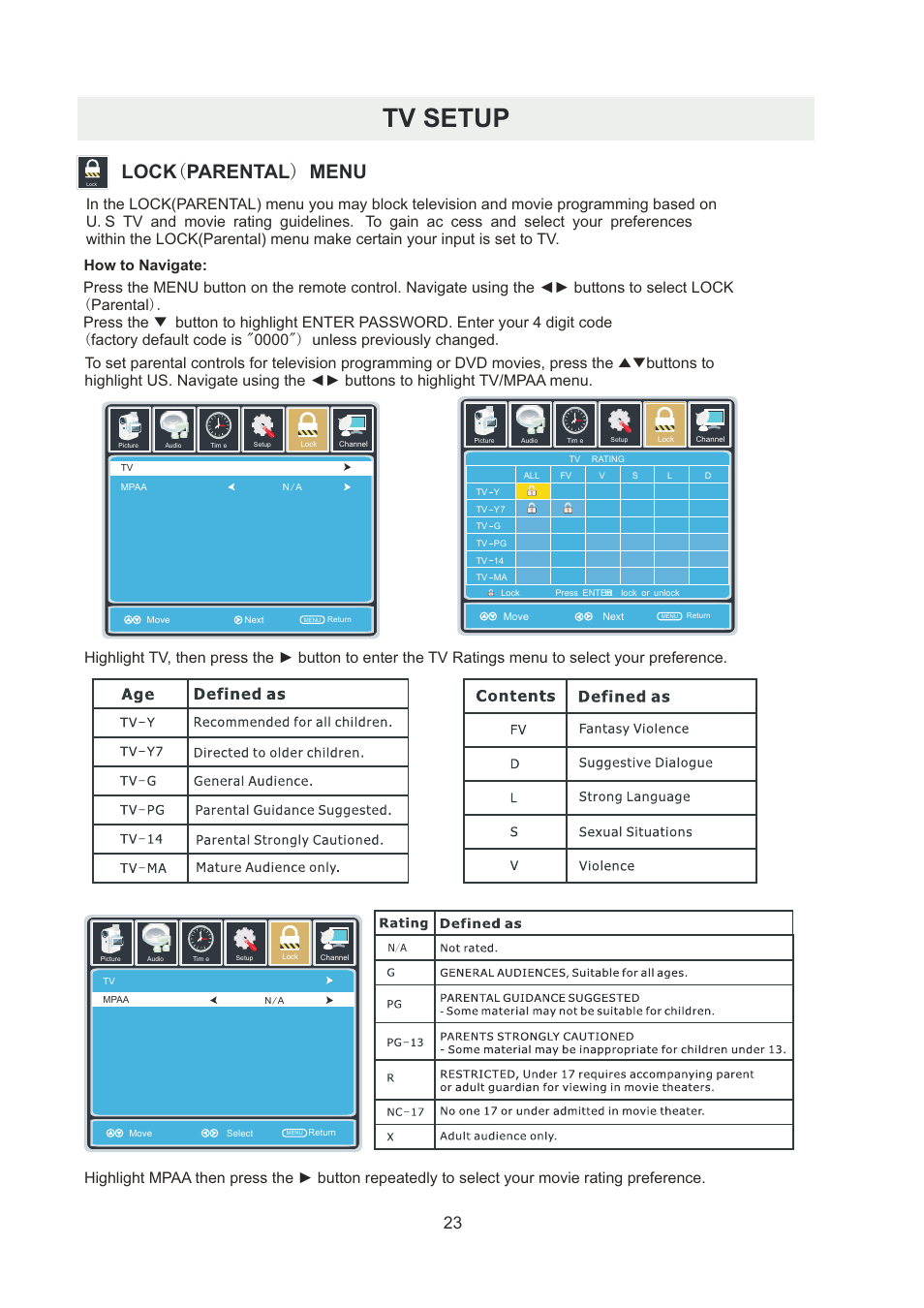 Tv setup, Lock ( parental ) menu, How to navigate | Curtis RLDED5099-UHD User Manual | Page 26 / 33