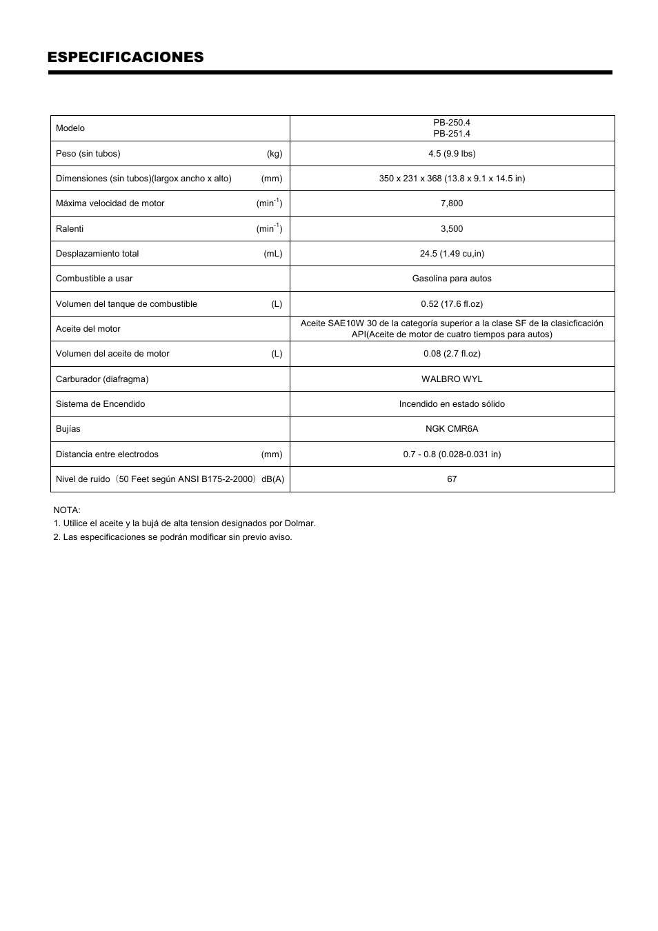 Especificaciones | Dolmar PB-251.4 User Manual | Page 42 / 64