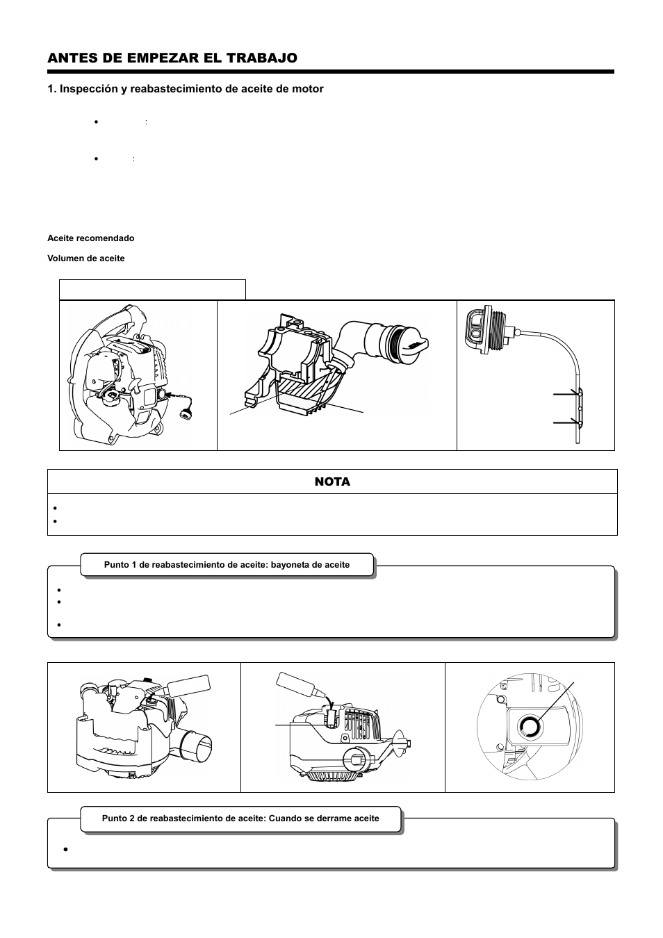 Antes de empezar el trabajo, Inspección y reabastecimiento de aceite de motor, Nota | Dolmar PB-251.4 User Manual | Page 45 / 64