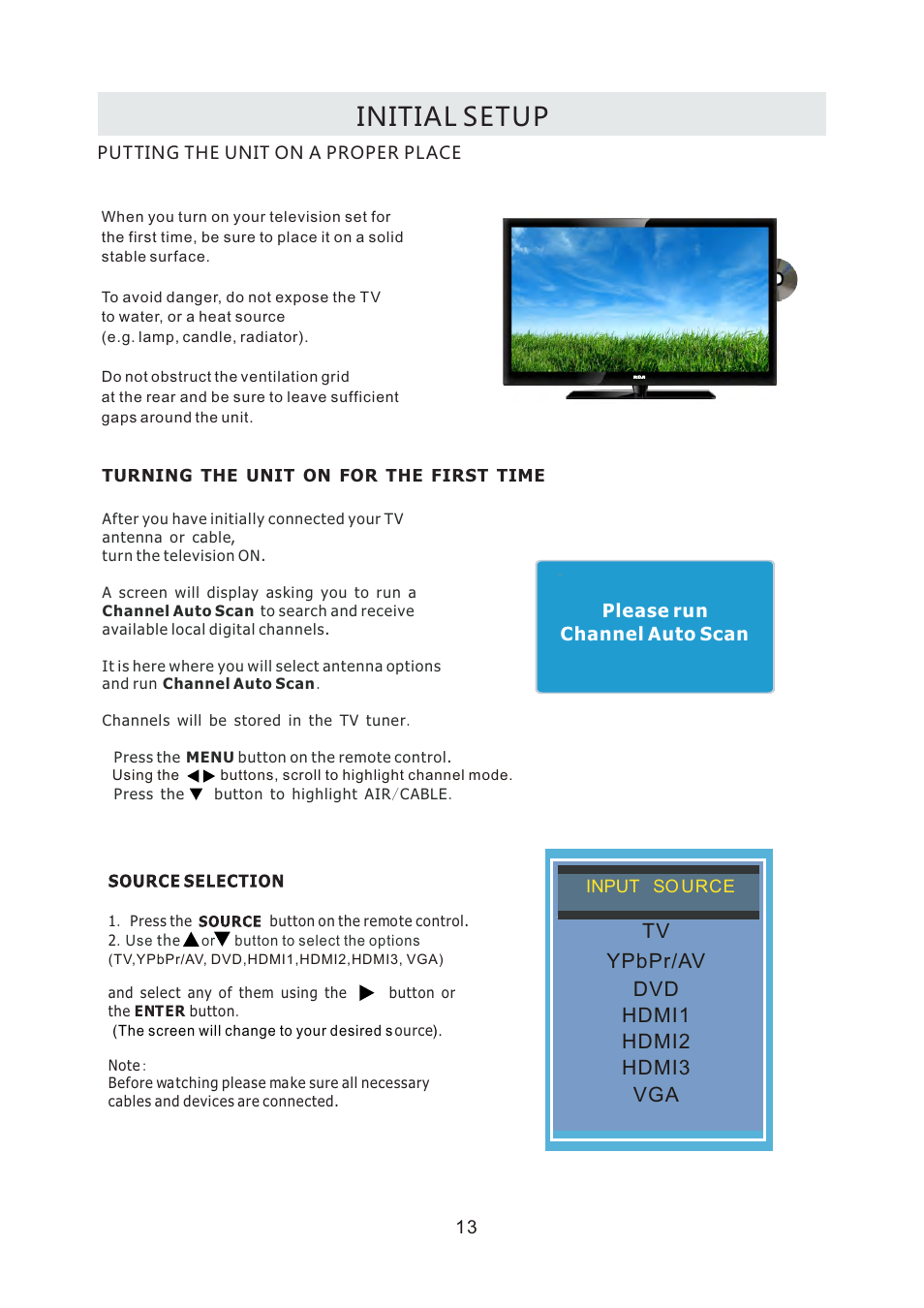 页面 16, Initial setup, Tv ypbpr /av dvd hdmi1 hdmi2 hdmi3 vga | Curtis RLDEDV3255-A User Manual | Page 16 / 45