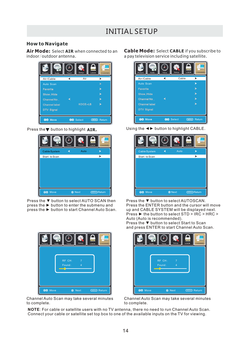 页面 17, Initial setup, Air mode | Cable mode, How to navigate | Curtis RLDEDV3255-A User Manual | Page 17 / 45