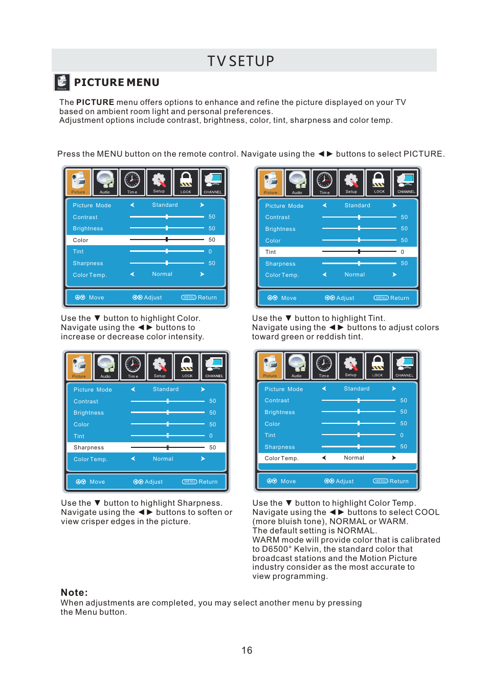 页面 19, T v setup, Picture menu | Curtis RLDEDV3255-A User Manual | Page 19 / 45