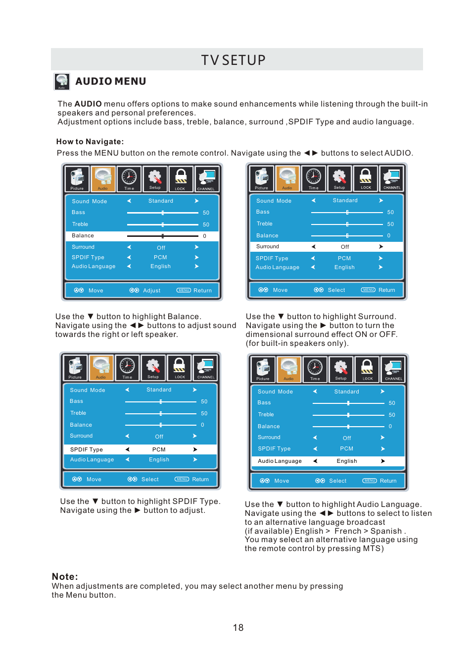 页面 21, T v setup, Audio menu | Curtis RLDEDV3255-A User Manual | Page 21 / 45