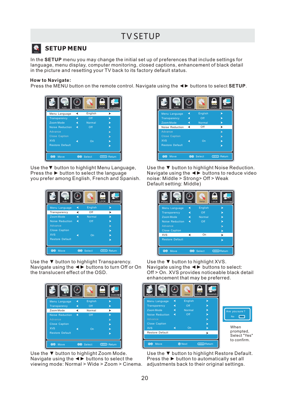 页面 23, T v setup, Setup menu | When prompted, select "yes" to confirm | Curtis RLDEDV3255-A User Manual | Page 23 / 45