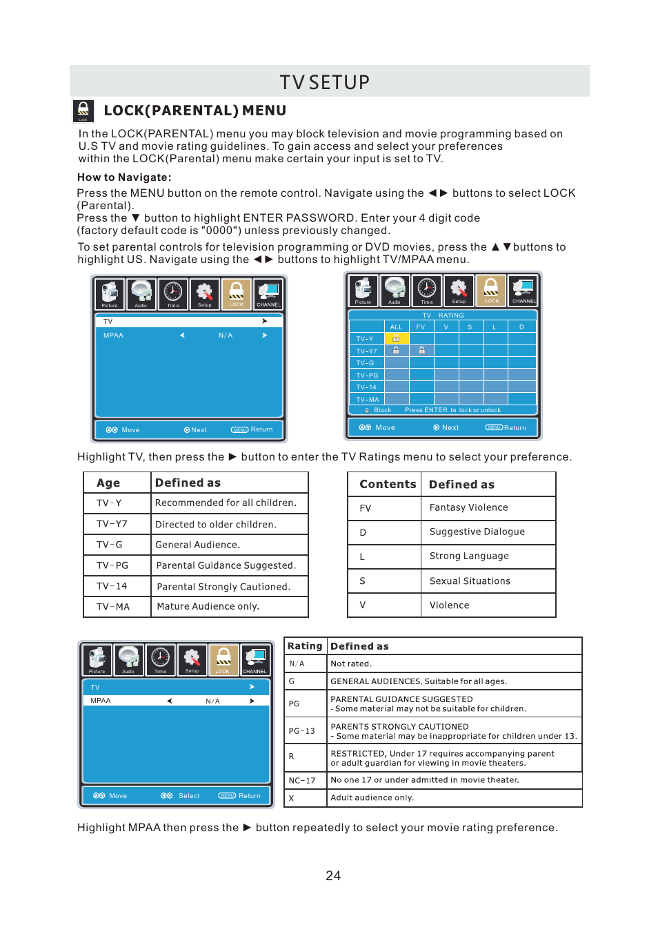 页面 27, T v setup, Lock(parental) menu | How to navigate | Curtis RLDEDV3255-A User Manual | Page 27 / 45