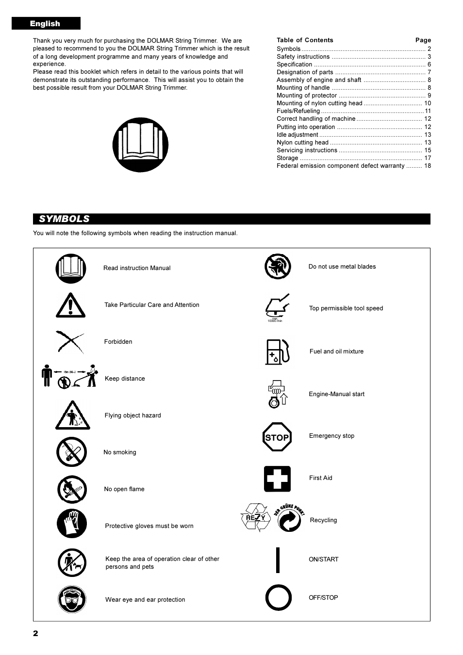 Symbols | Dolmar MS-22C User Manual | Page 2 / 53