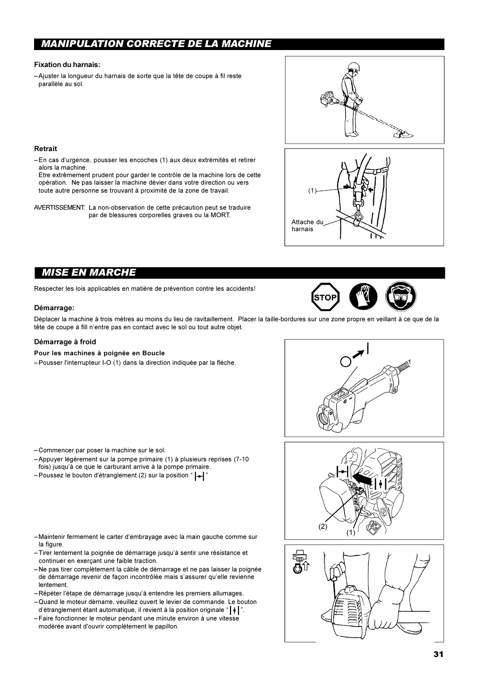 Mise en marche, Manipulation correcte de la machine | Dolmar MS-22C User Manual | Page 31 / 53